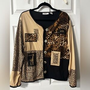 Kenneth Too! Ladies Safari Knit Giraffe Animal Print Top XL Jacket Button Front